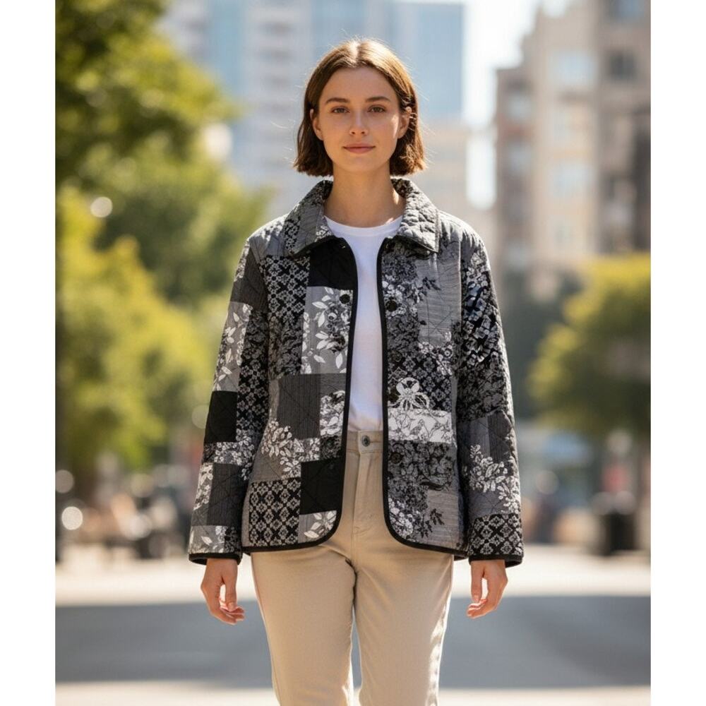 Draper's & Damon's Black White Patchwork Jacket Womens Medium Button Uputton Up